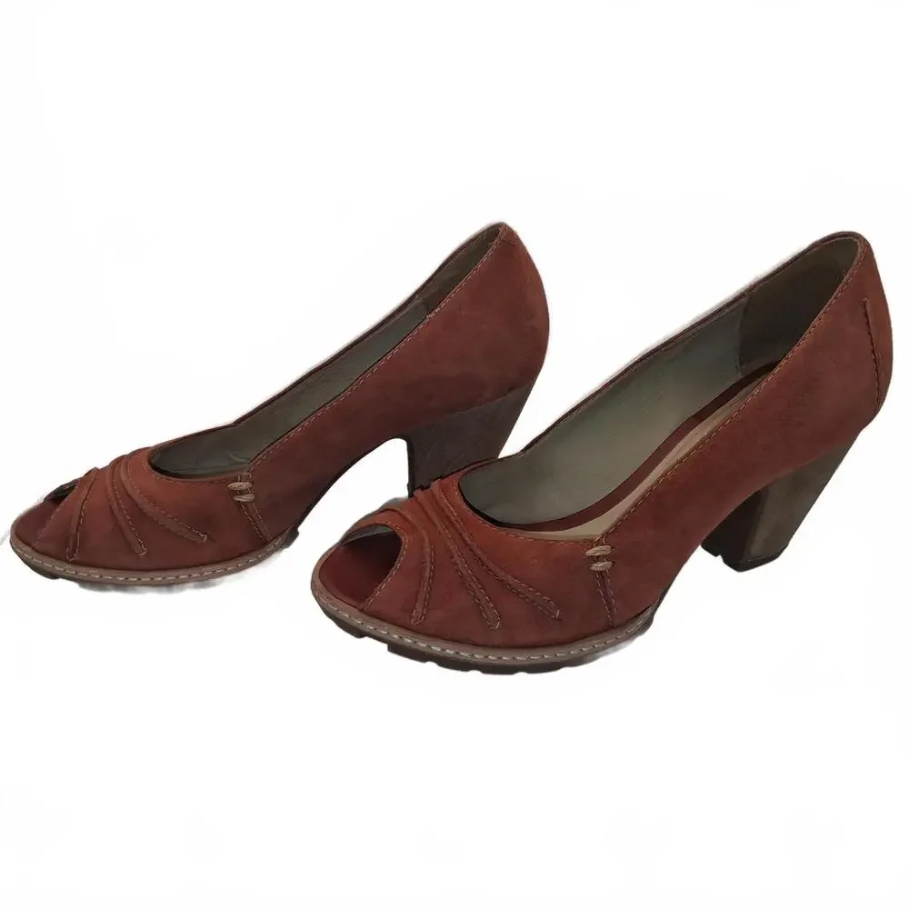 Clarks Handcrafted Rust Red Peep Toe Block Heel Leather Pumps Women's Size 5 1/2 - Picture 4 of 8